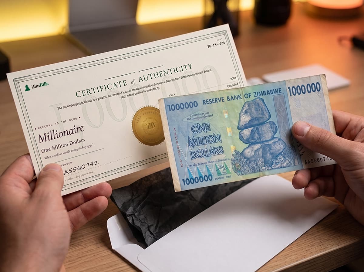 Genuine Zimbabwe 1 Million Dollar note and its ZimBills Certificate of Authenticity, lifted from a white envelope with black tissue paper